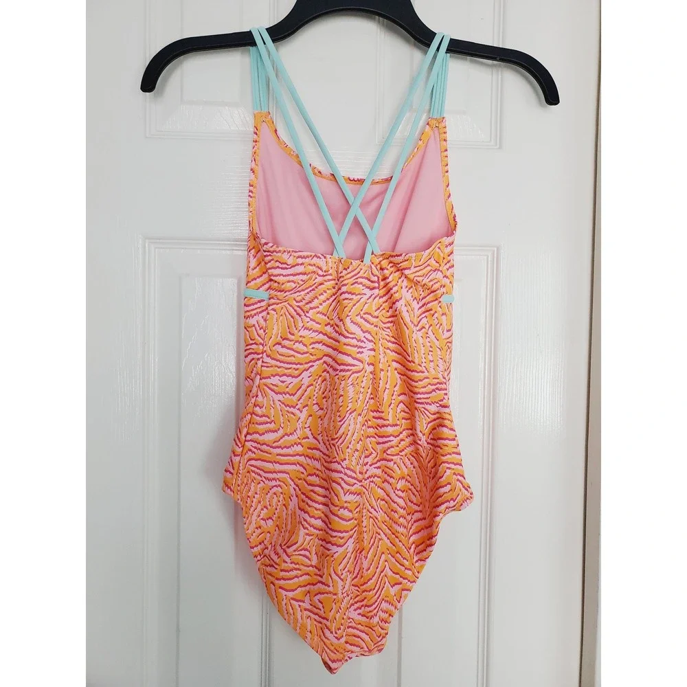 Spyder Girls One‎ Piece Swimsuit Orange Pink Zebra Print Strappy Back Sz L 12/14
